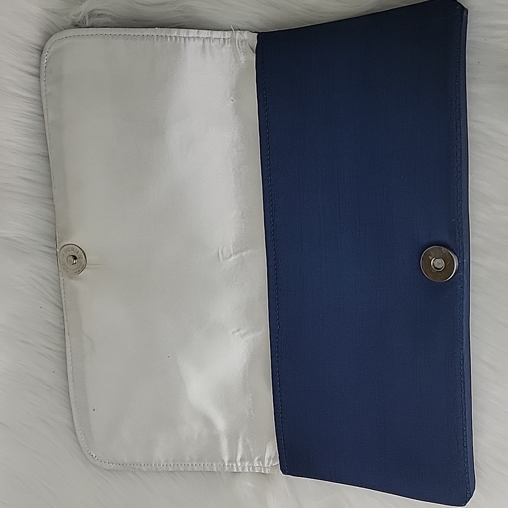 SHIRALEAH Navy Blue Silk White Embroidered Anchor Nautical Preppy Clutch Bag - Picture 4 of 16